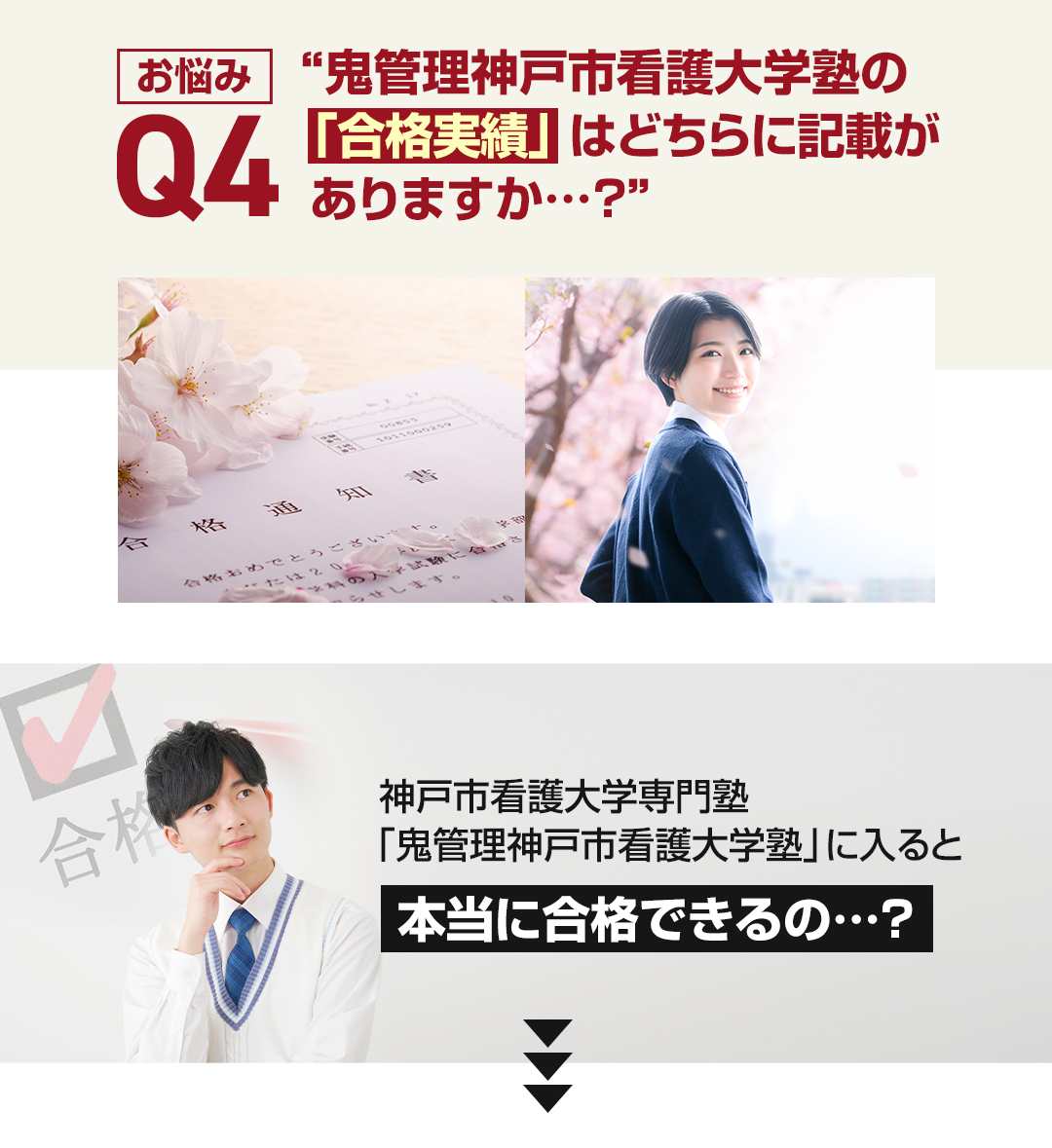 お悩み4　鬼管理神戸市看護大学塾の「合格実績」はどちらに記載がありますか？