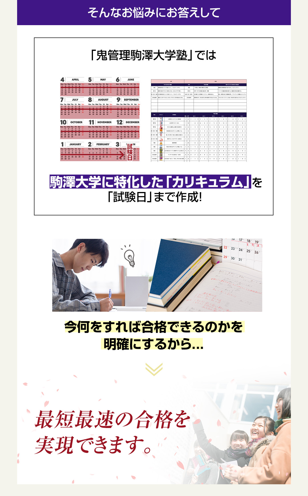 「鬼管理駒澤大学塾」では駒澤大学に特化した「カリキュラム」を「試験日」まで作成