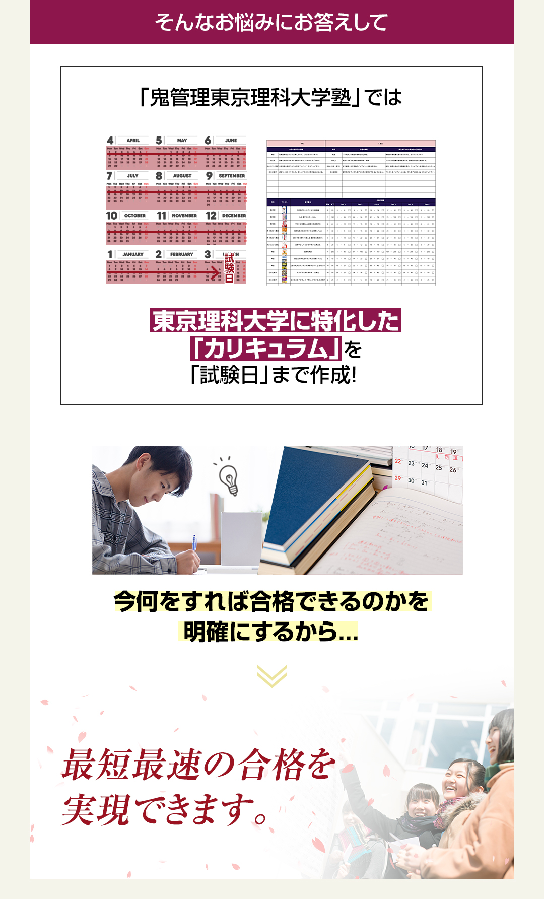 「鬼管理東京理科大学塾」では東京理科大学に特化した「カリキュラム」を「試験日」まで作成