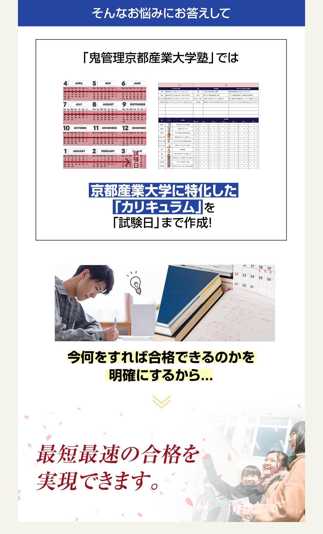 「鬼管理京都産業大学塾」では京都産業大学に特化した「カリキュラム」を「試験日」まで作成