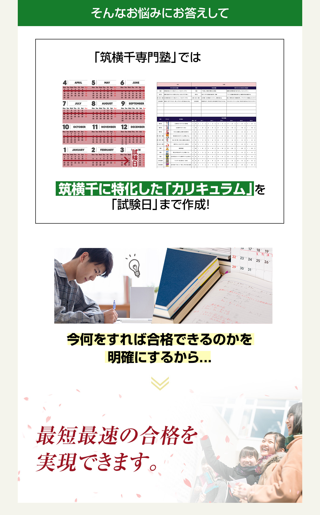 「筑横千専門塾」では筑横千に特化した「カリキュラム」を「試験日」まで作成