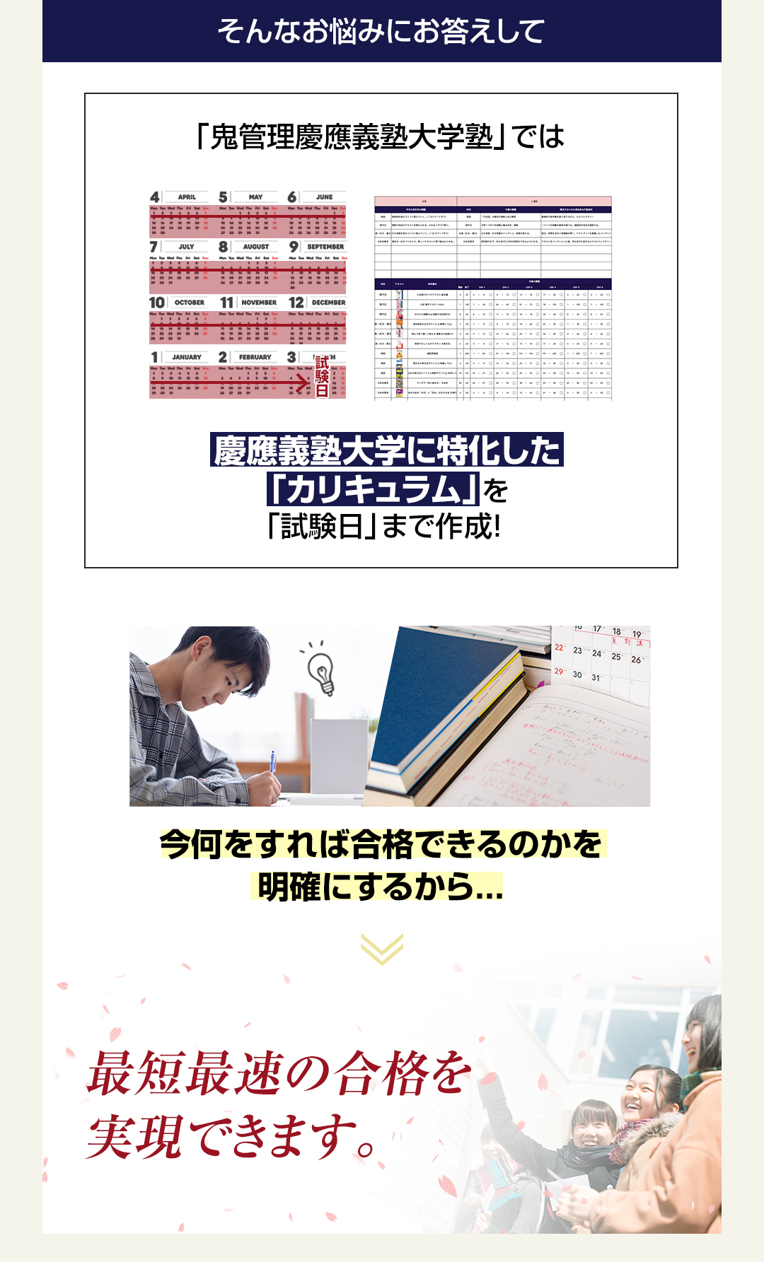 「鬼管理慶應義塾大学塾」では慶應義塾大学に特化した「カリキュラム」を「試験日」まで作成