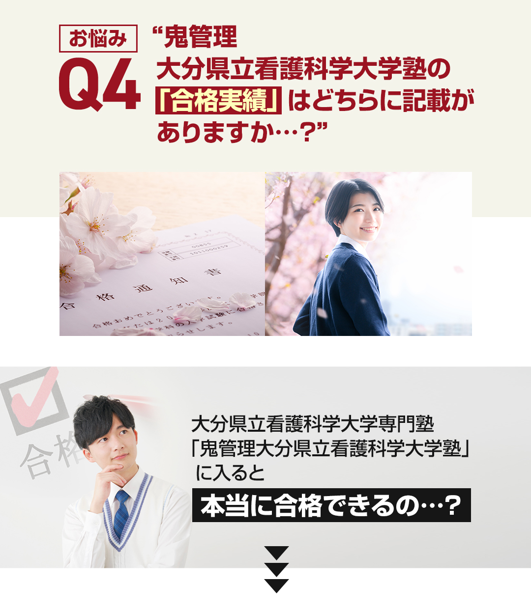 お悩み4　鬼管理大分県立看護科学大学校塾の「合格実績」はどちらに記載がありますか？