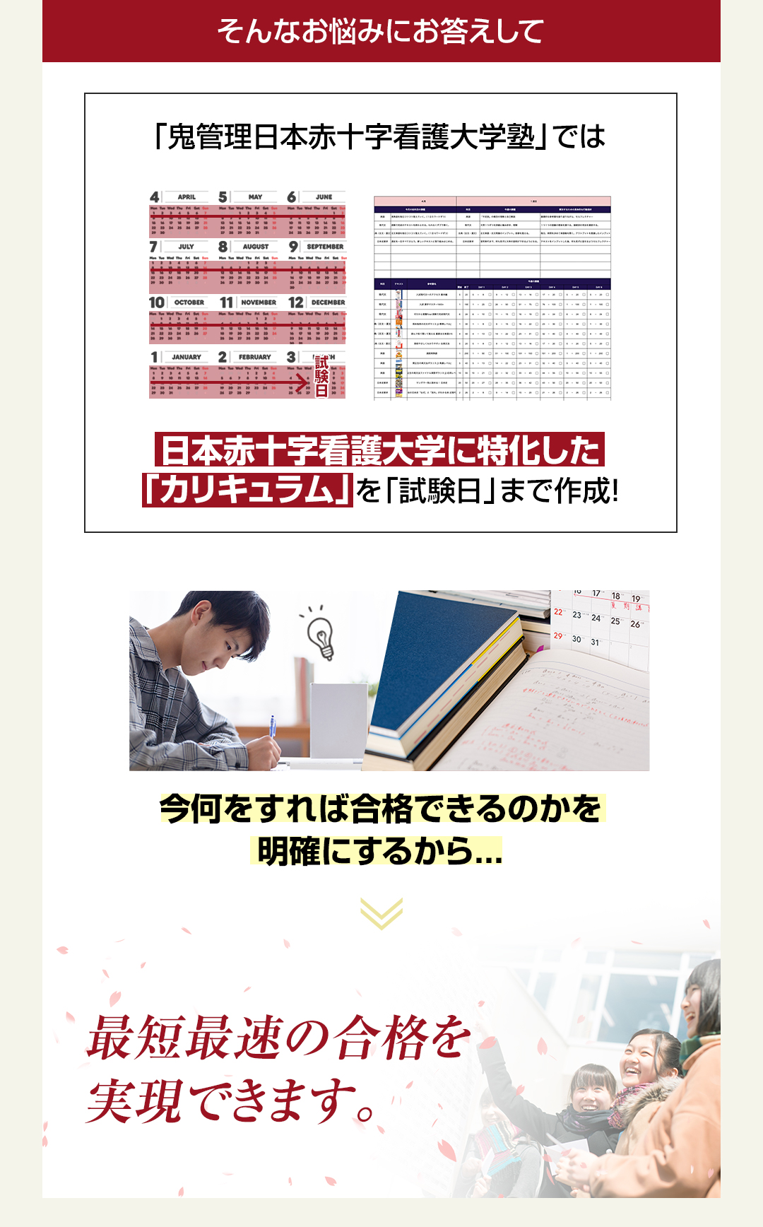 「鬼管理日本赤十字看護大学塾」では日本赤十字看護大学に特化した「カリキュラム」を「試験日」まで作成