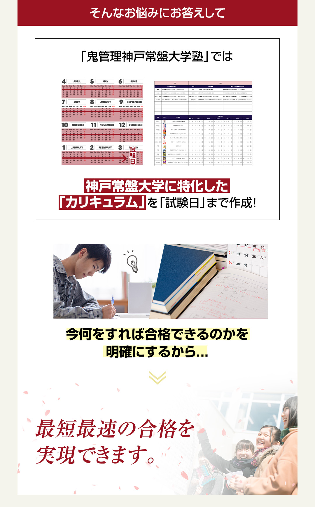 「鬼管理神戸常盤大学塾」では神戸常盤大学に特化した「カリキュラム」を「試験日」まで作成