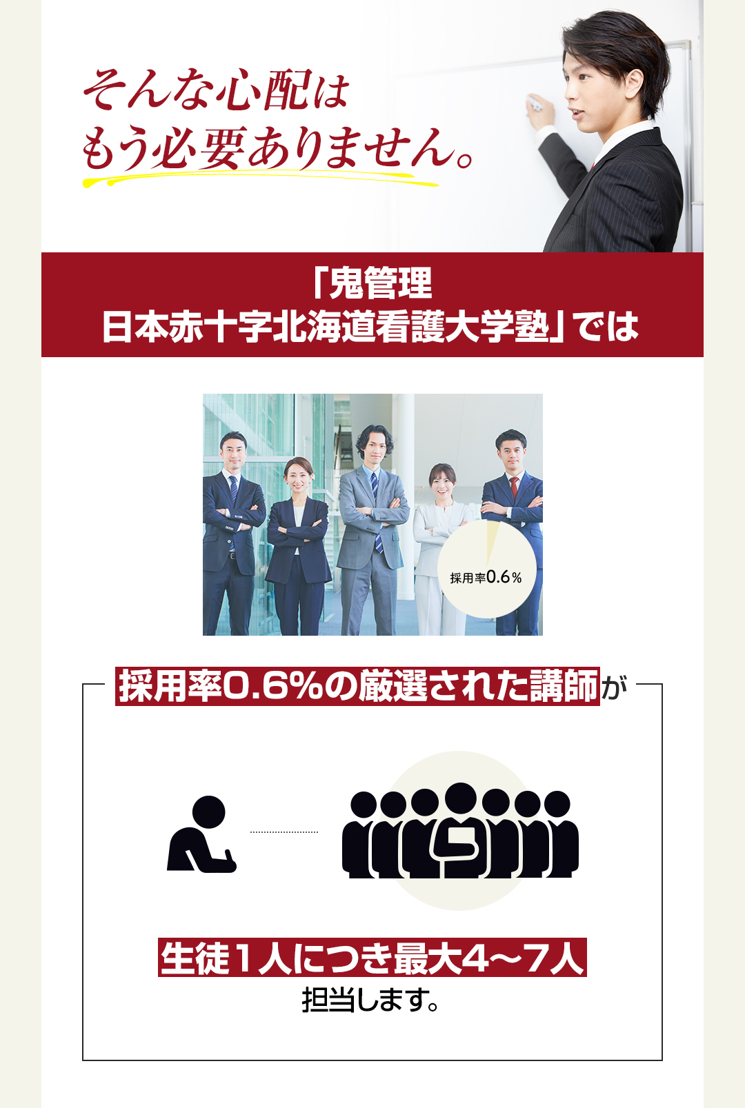 鬼管理日本赤十字北海道看護大学塾では採用率0.6％の厳選された講師が生徒一人につき最大4～7人担当します