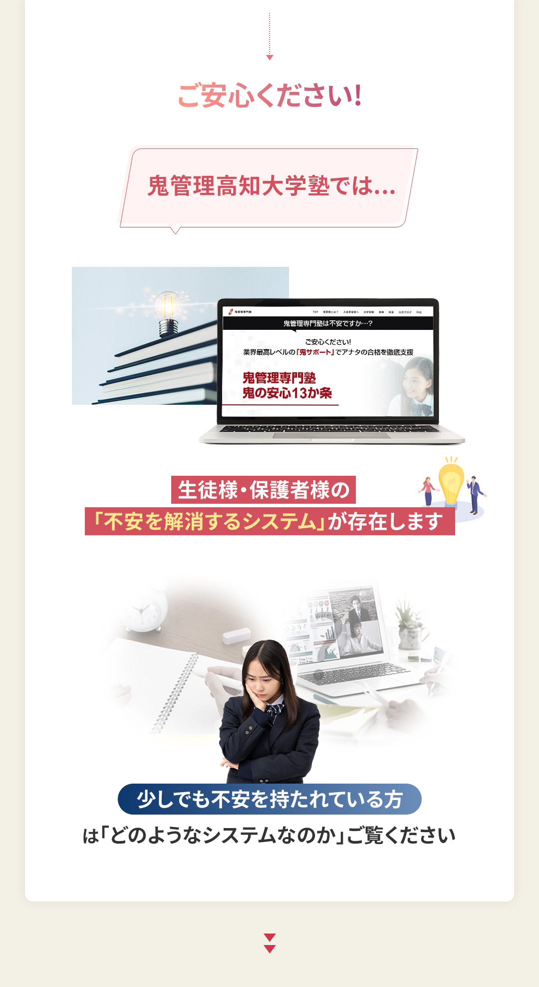 鬼管理高知大学塾には生徒様・保護者様の「不安を解消するシステム」が存在します