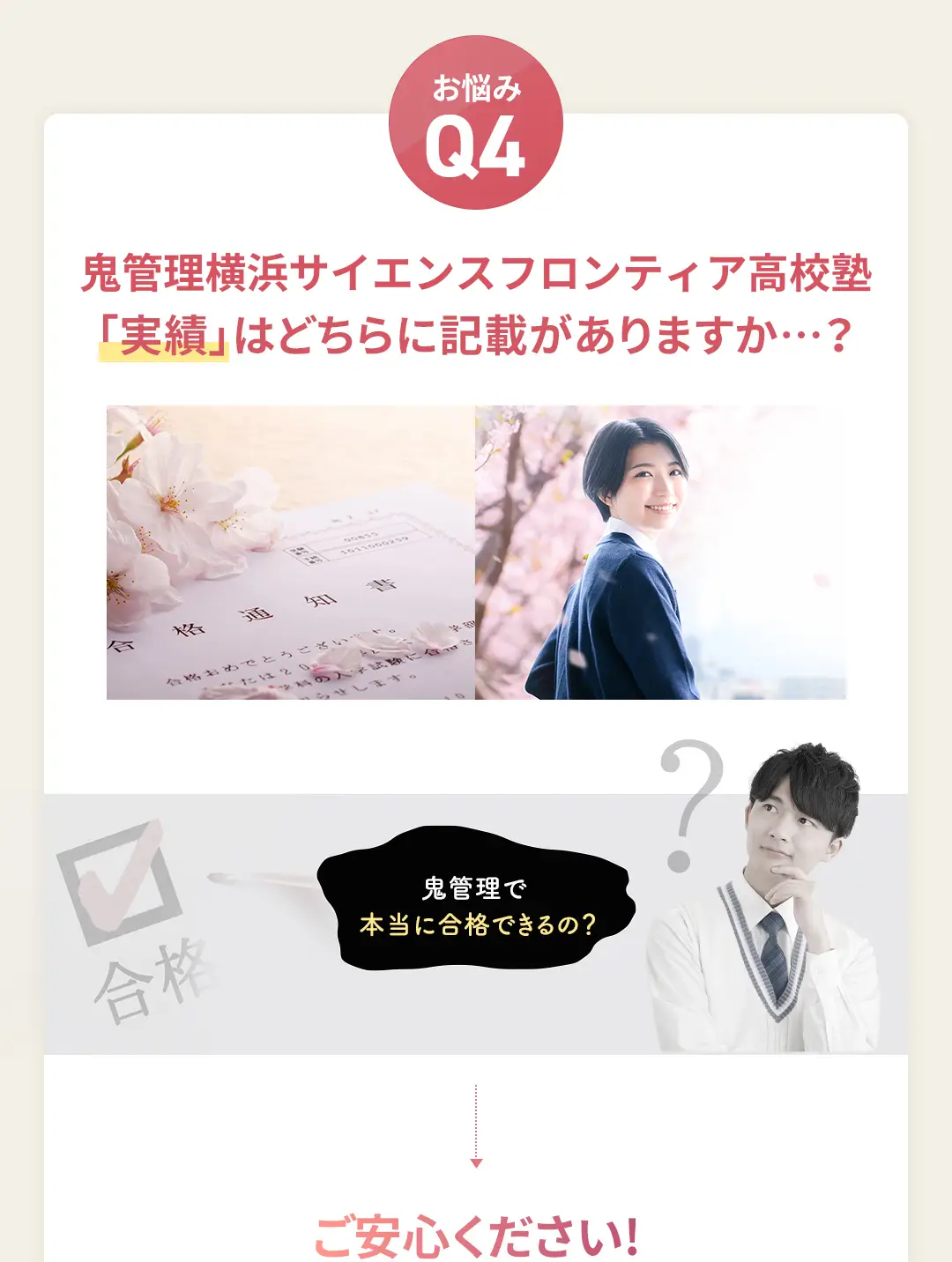お悩み4 鬼管理横浜サイエンスフロンティア高校塾の「実績」はどちらに記載がありますか?
