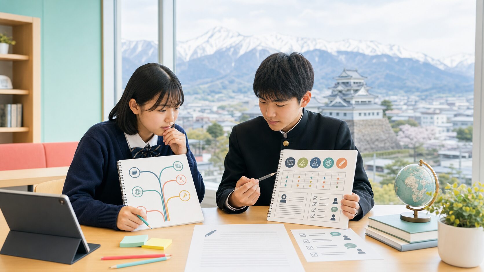 九里学園高校のプログレスとユニバーサル、5教科、作文、面接の学習計画をノートで比較する2人の中学生