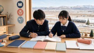 北海道の雪景色と鉄道を望む机で、深川西高校の5教科、学力と評定、3類型の学習計画を立てる2人の中学生