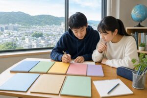 生駒山の緑と大阪の街並みを望む机で、野崎高校の5教科とActive・Basic・Challengeの学習計画を立てる2人の中学生