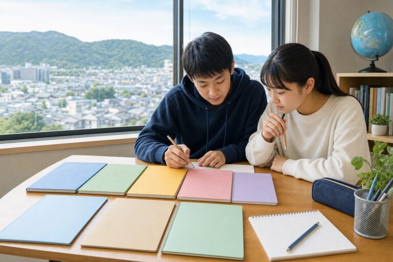 生駒山の緑と大阪の街並みを望む机で、野崎高校の5教科とActive・Basic・Challengeの学習計画を立てる2人の中学生
