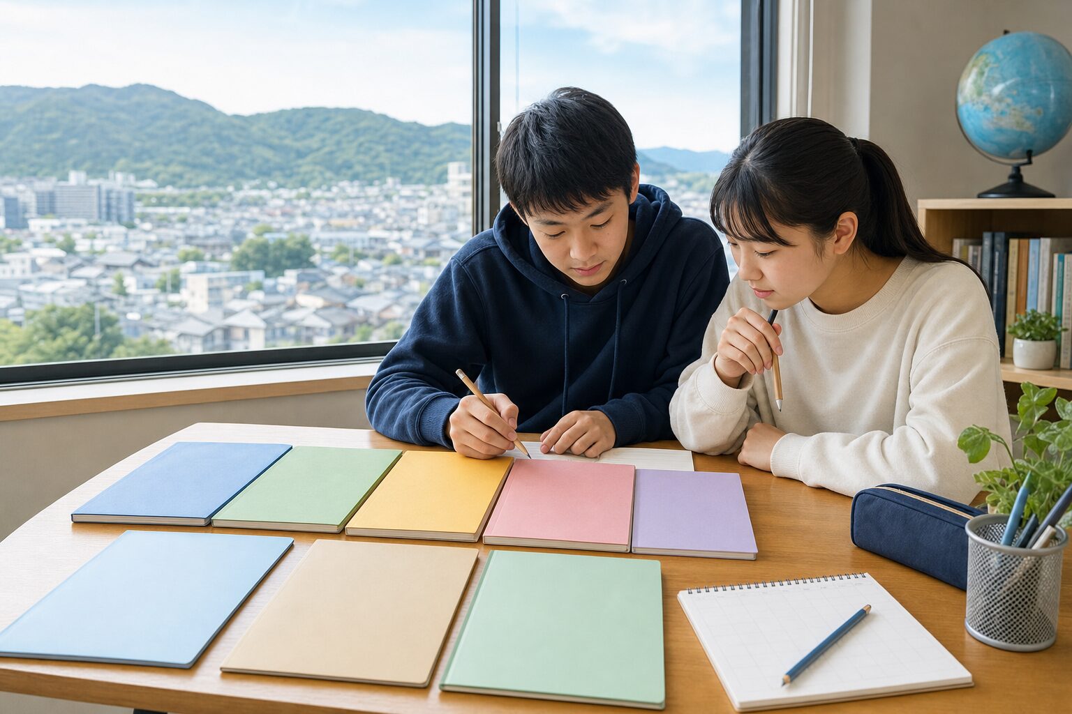 生駒山の緑と大阪の街並みを望む机で、野崎高校の5教科とActive・Basic・Challengeの学習計画を立てる2人の中学生