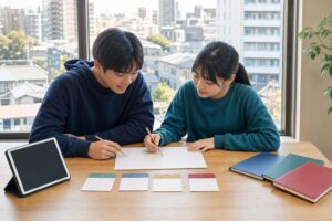 東京の街並みを望む机で、4つのタームと豊南高校の特進探究・選抜探究・文理探究を表す教材を整理する2人の中学生