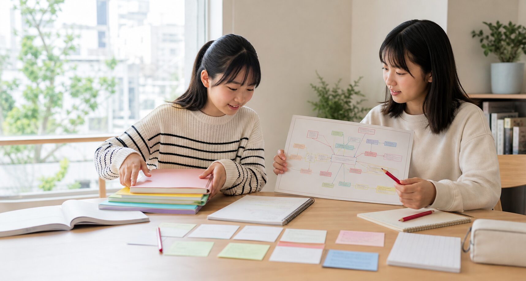 名古屋の明るい学習室で、5教科のノートと科目選択の計画図を使い、椙山女学園高等学校の2027年度入試対策を進める2人の女子中学生
