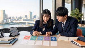 大阪の明るい学習室で、経済・経営・情報社会・人間科学・国際共創の5学部を示すカードと入試計画を見ながら学ぶ男女2人の高校生