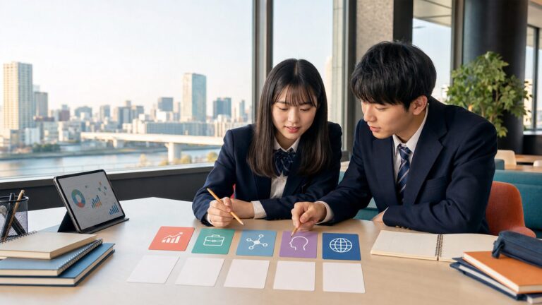 大阪の明るい学習室で、経済・経営・情報社会・人間科学・国際共創の5学部を示すカードと入試計画を見ながら学ぶ男女2人の高校生