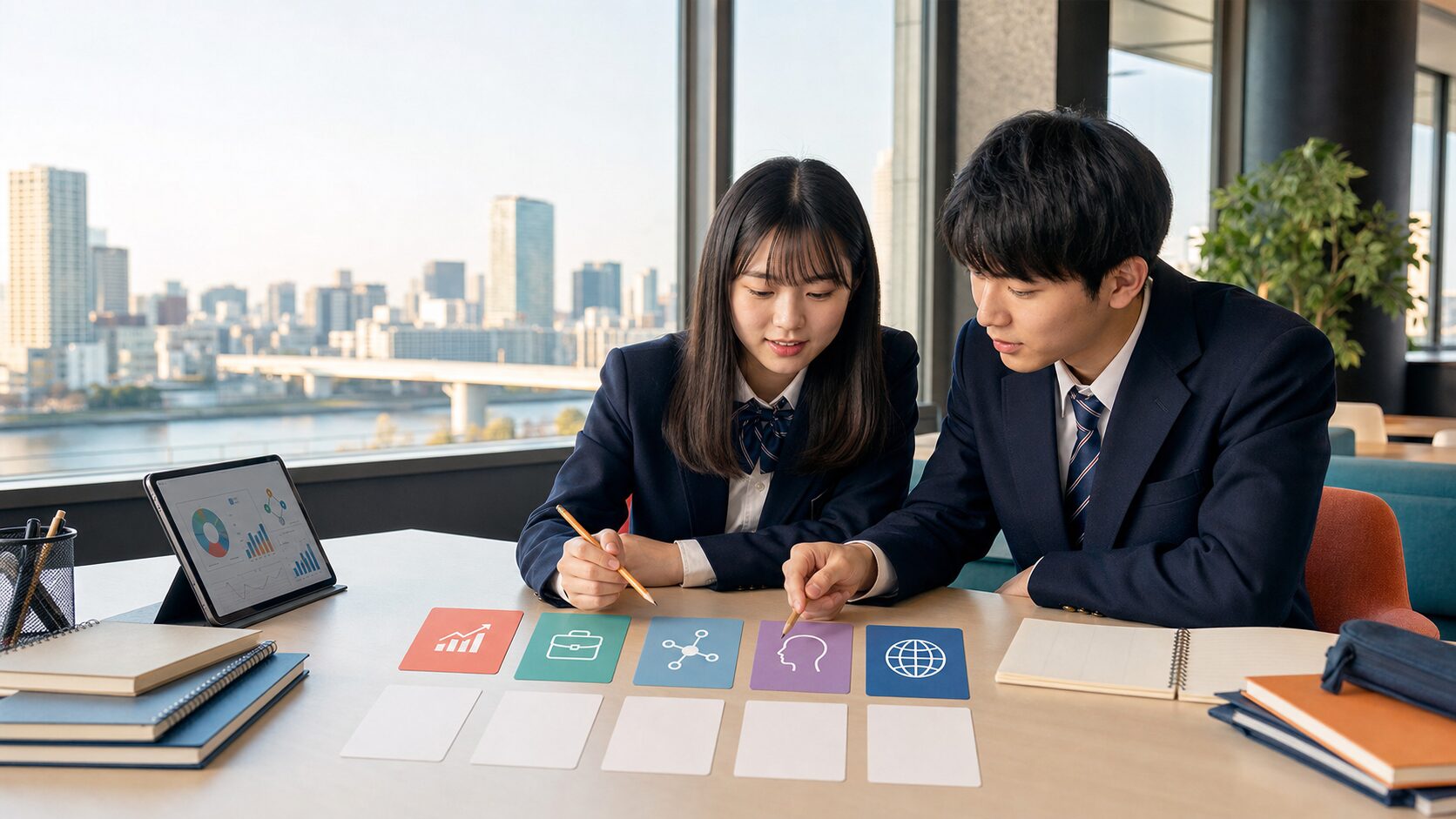 大阪の明るい学習室で、経済・経営・情報社会・人間科学・国際共創の5学部を示すカードと入試計画を見ながら学ぶ男女2人の高校生