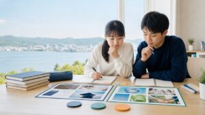 松江の水辺を望む明るい学習室で、大学進学と国際・探究の2コースを示すカードと3つの進路マーカーを見ながら学ぶ男女2人の中学生