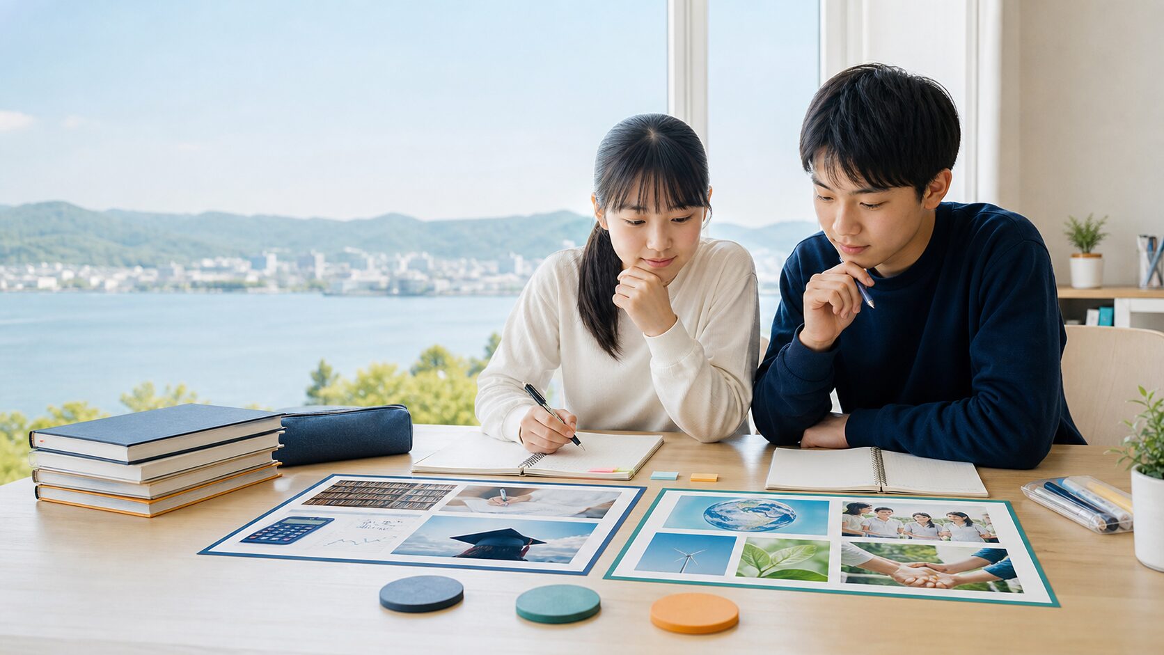 松江の水辺を望む明るい学習室で、大学進学と国際・探究の2コースを示すカードと3つの進路マーカーを見ながら学ぶ男女2人の中学生
