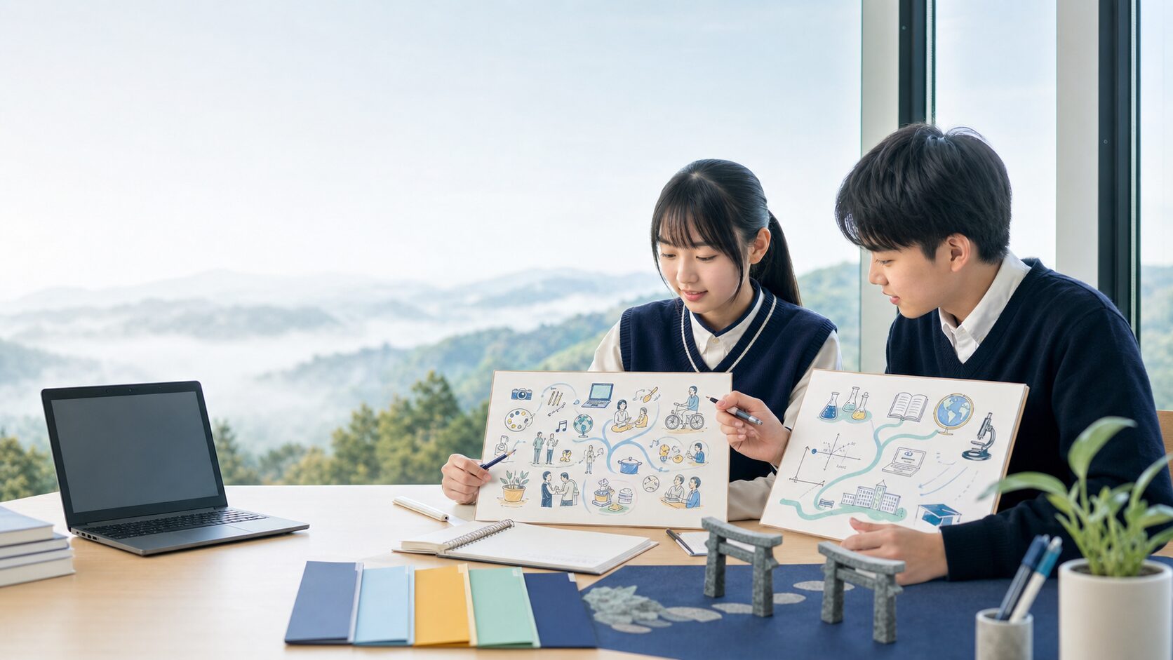 伊賀地域の緑の丘を望む学習室で、2コースの学習ボードと5教科の計画、前期後期の2つの門を見ながら学ぶ男女2人の中学生