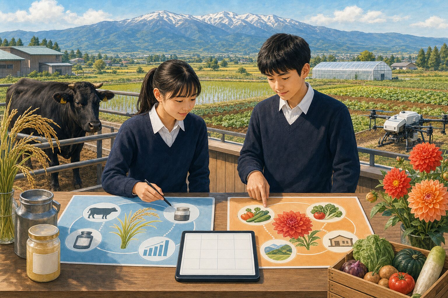 置賜盆地の農場を望む学習テラスで、米・牛・ダリア・野菜・加工の学びを2枚の計画ボードで比べる男女2人の中学生