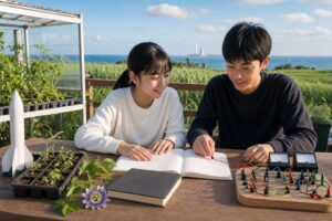 種子島の海と畑を望む学習テラスで、普通科の教科書、生物生産科の苗、電気科の安全な回路実習を比べる男女2人の中学生