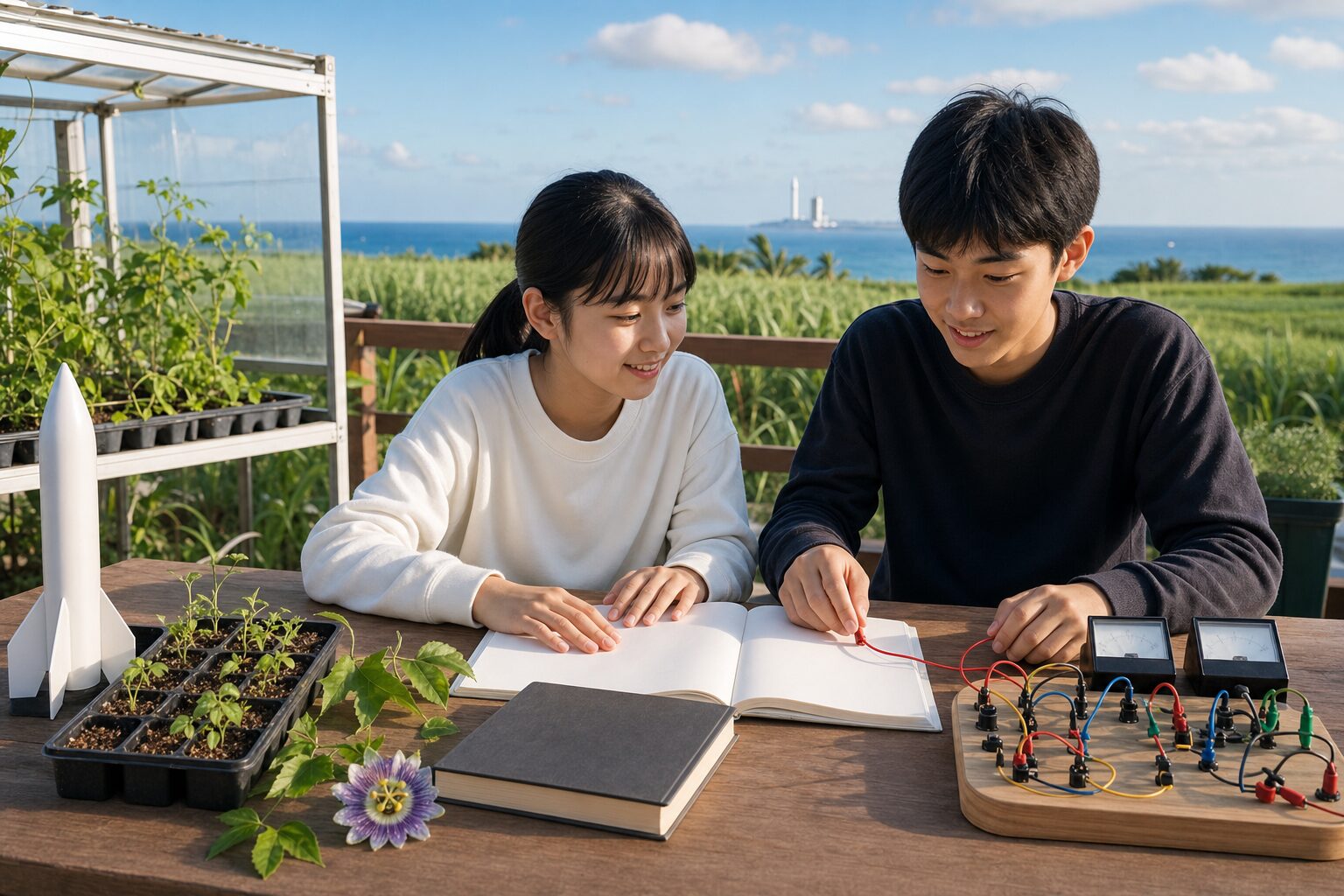 種子島の海と畑を望む学習テラスで、普通科の教科書、生物生産科の苗、電気科の安全な回路実習を比べる男女2人の中学生