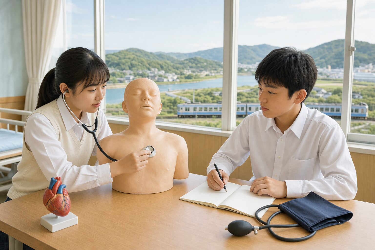 阿南の川と鉄道を望む看護実習室で、聴診器、血圧計、人体模型を使い5年一貫看護課程の学びを確かめる男女2人の中学生