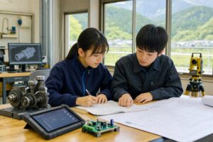工業高校の実習室でCAD、測量、電気回路、自動車整備の学習資料を広げ、宿毛工業高校の6専攻と令和9年度入試を調べる2人の受験生