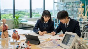 医療科学の学習室で、生物・化学・数学の教材、学習計画、医療模型を広げて鈴鹿医療科学大学の入試対策に取り組む受験生