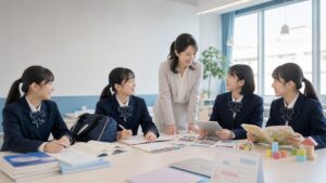 青を基調にした学習室で四つの進路を考えながら学ぶ女子中学生四人と女性講師