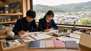 有田の町並みを望む実習室で、陶磁器・デザイン・電気・機械の教材と五教科を学ぶ二人の中学生