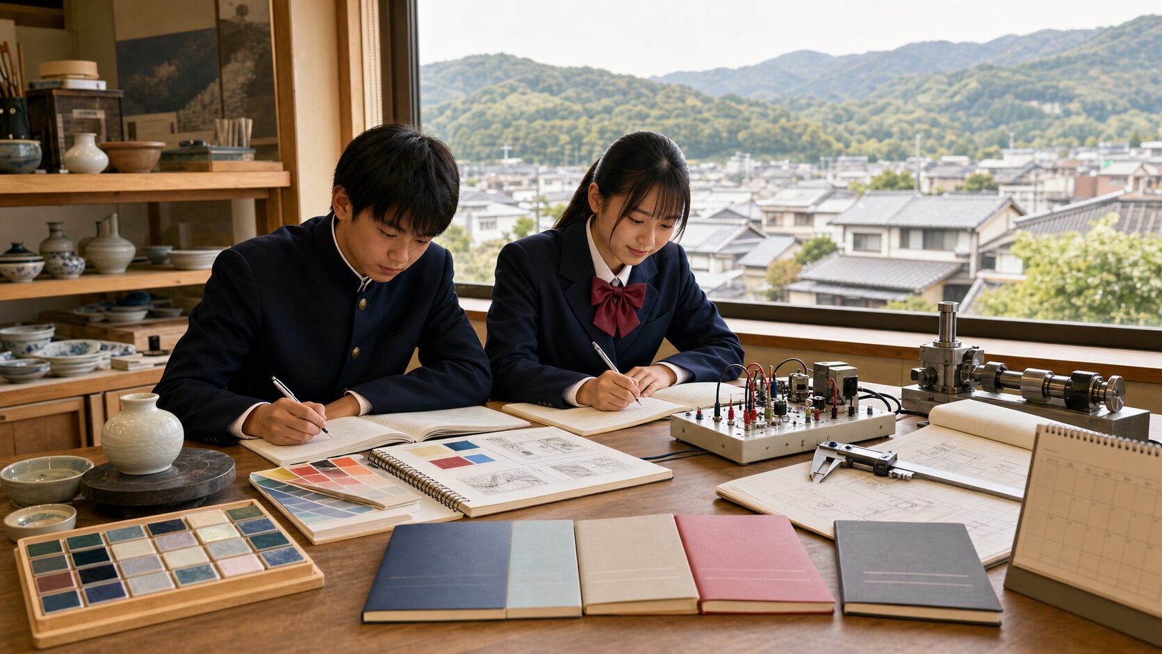 有田の町並みを望む実習室で、陶磁器・デザイン・電気・機械の教材と五教科を学ぶ二人の中学生
