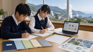 別府の山と温泉の湯けむりを望む学習室で、Web出願と五教科対策を準備する二人の中学生