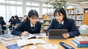 文京学院大学女子高校を志望し図書室で英語・探究・大学進路を相談する女子高校生二人