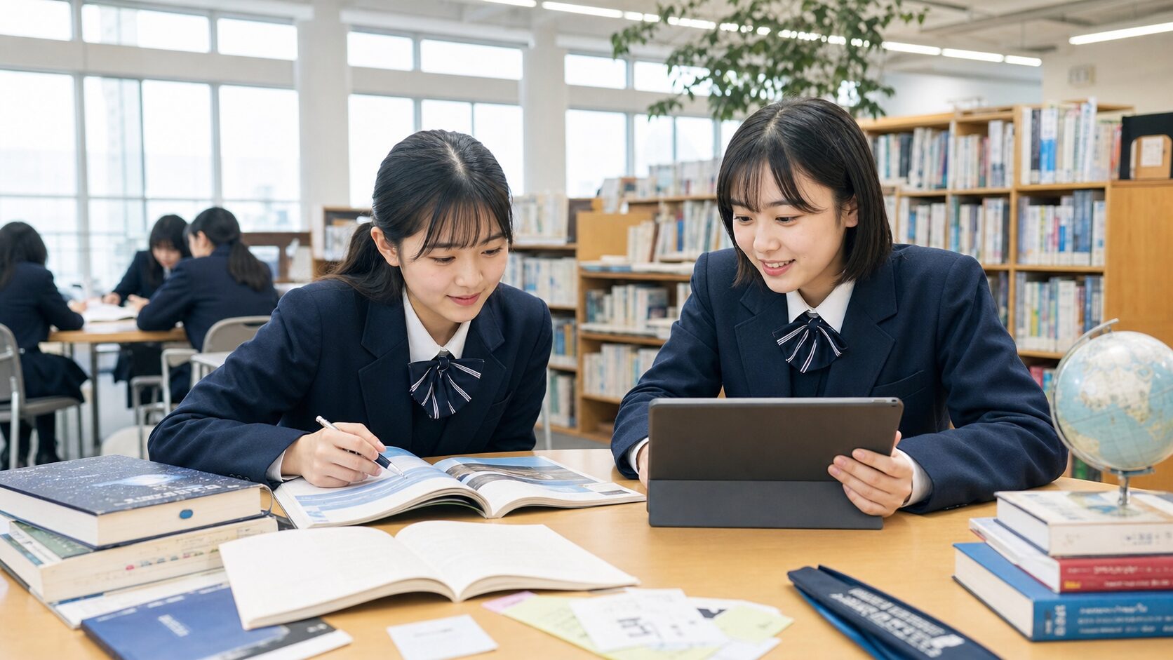 文京学院大学女子高校を志望し図書室で英語・探究・大学進路を相談する女子高校生二人