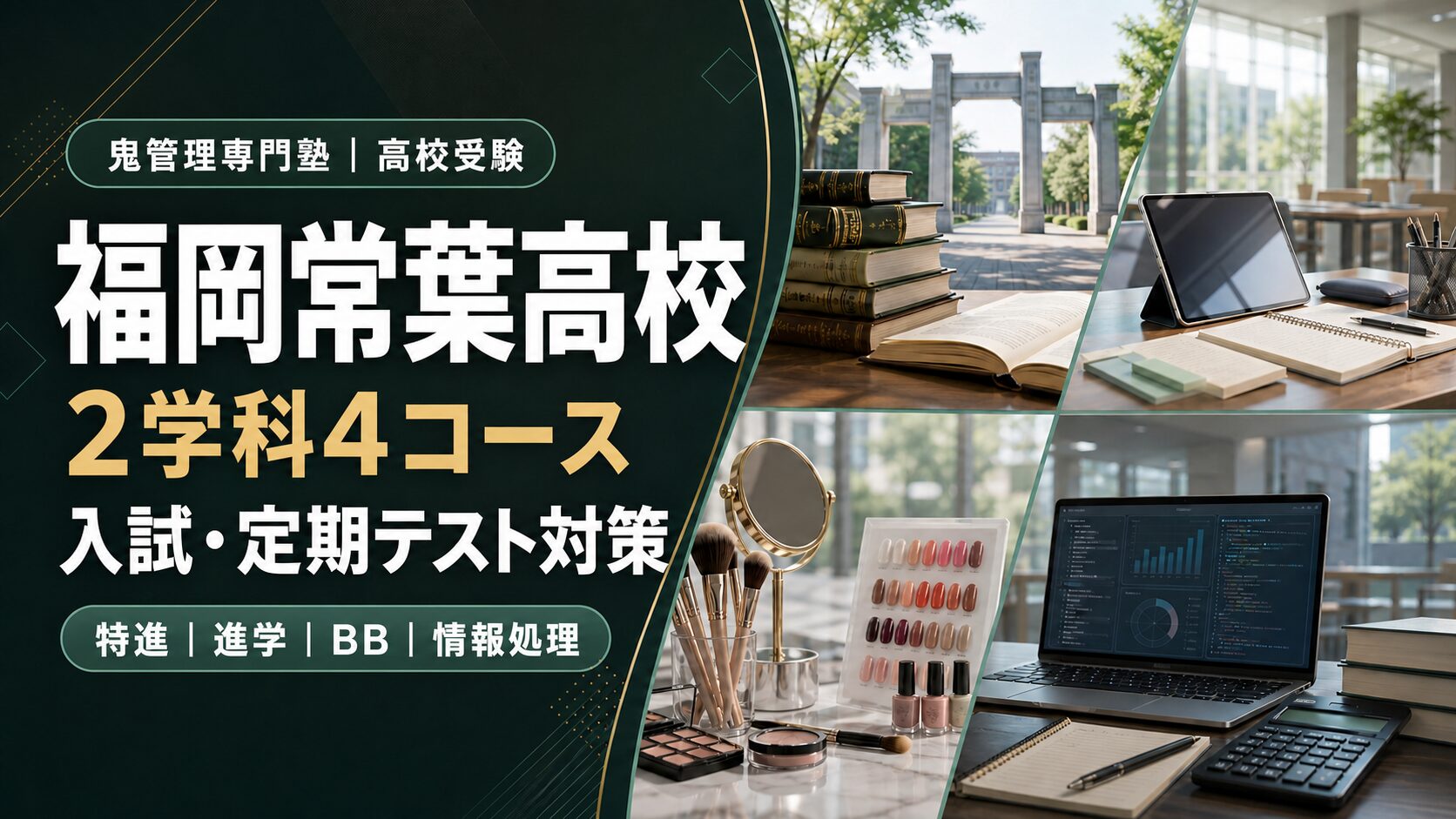 福岡常葉高校専門塾の入試・定期テスト対策。特進・進学・ベーシックビューティー・情報処理の2学科4コースを案内