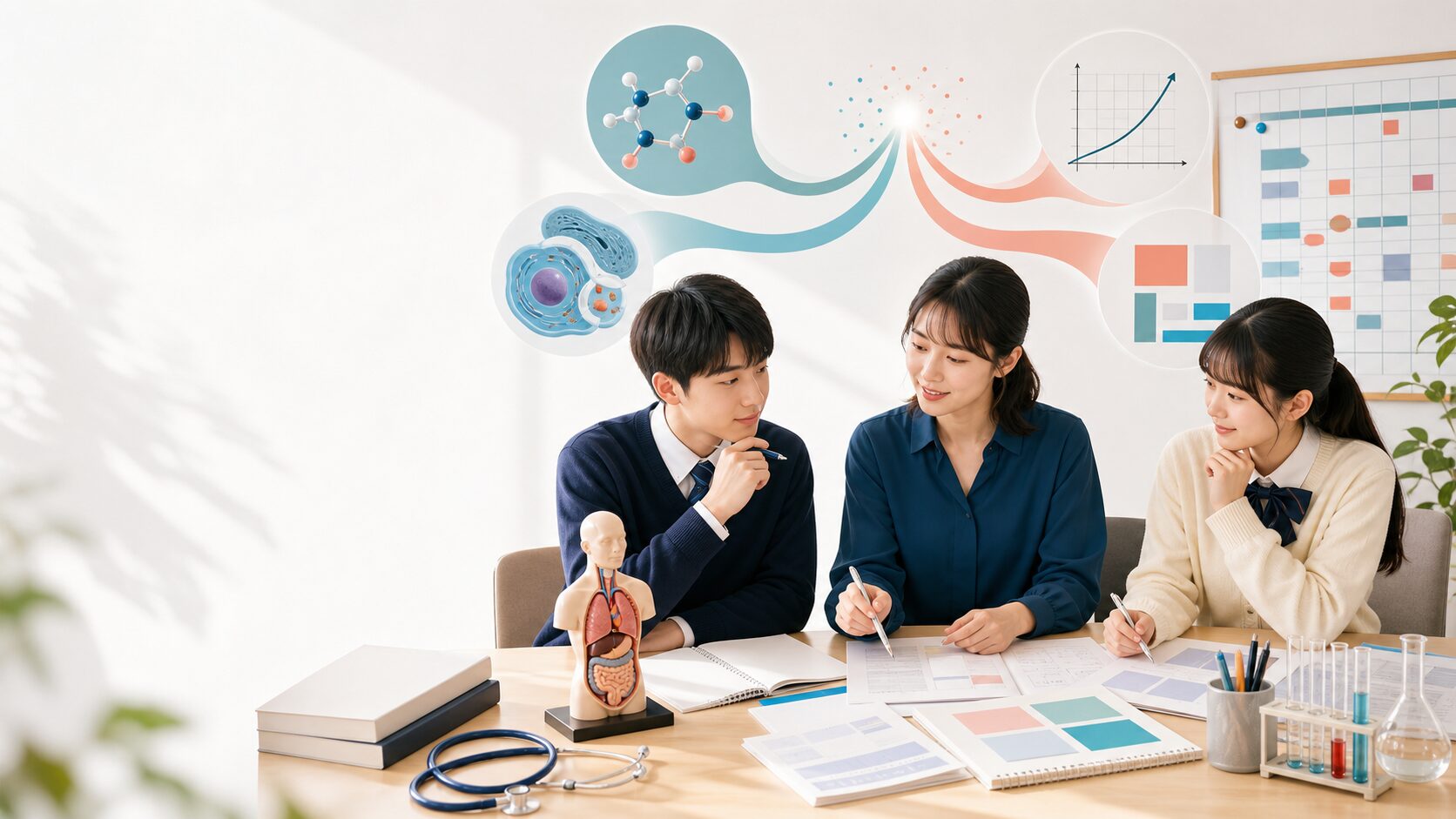 浜松医科大学の医学科・看護学科を目指す高校生が学習計画を相談するイメージ