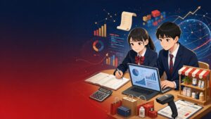 県立広島商業高校の情報ビジネス科を目指し、パソコン、簿記、データ分析、商品企画を学ぶ中学生のイラスト