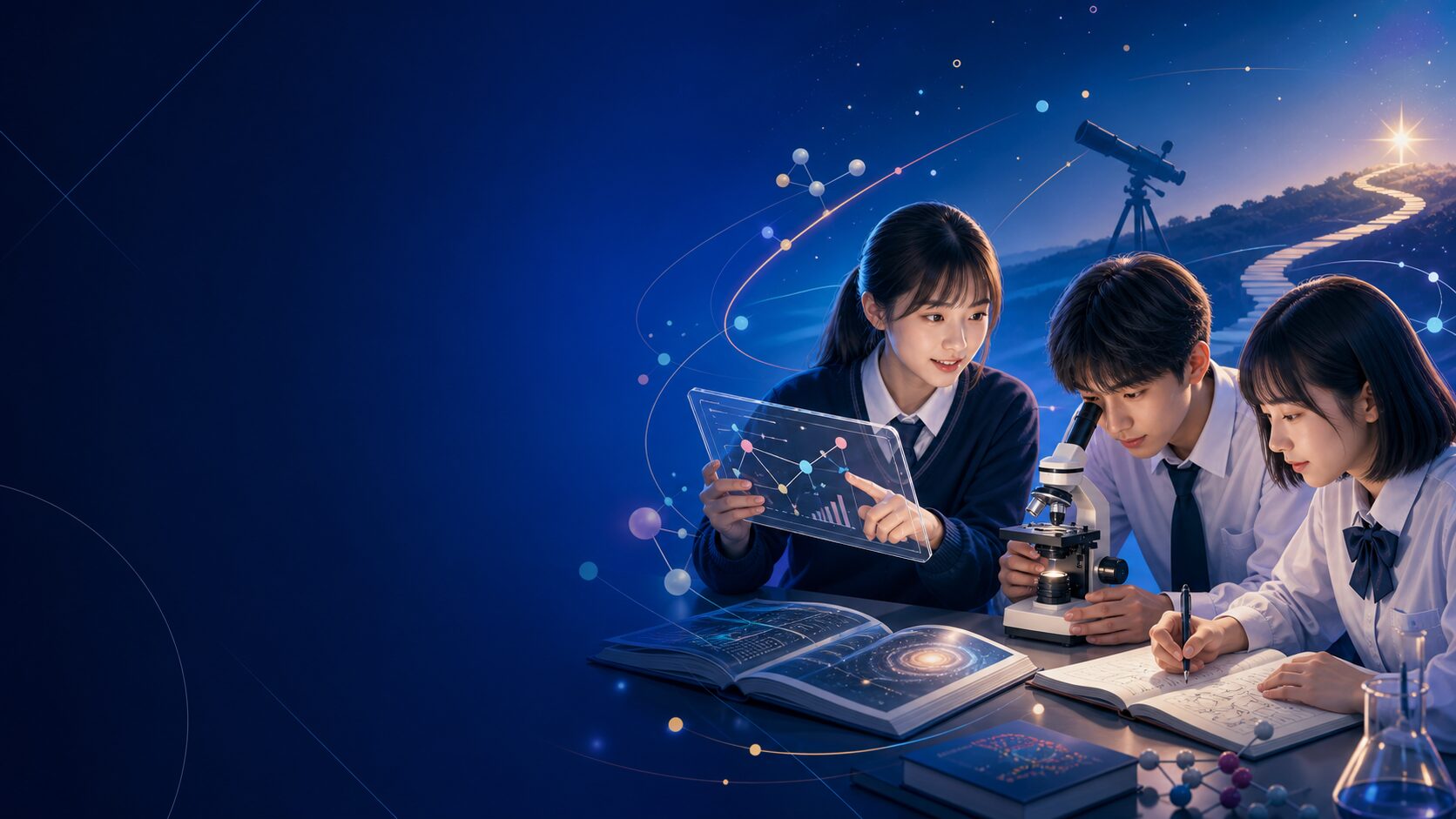 日立第一高校を目指し、顕微鏡、データ、研究ノートを使って探究学習に取り組む高校生のイラスト