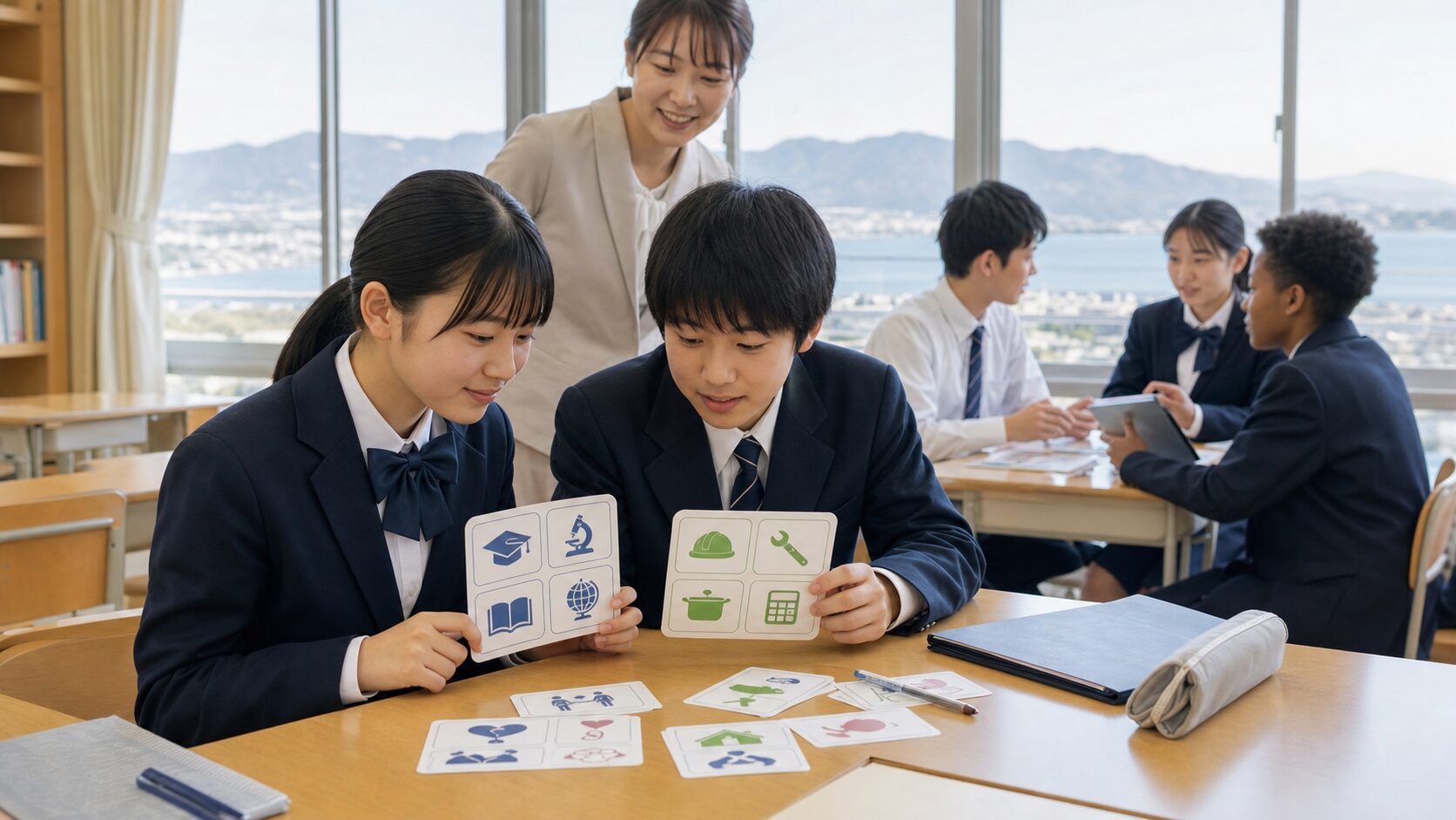 石薬師高校を志望し進学・就職の二つの類型と五教科学習を相談する中学生二人