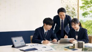 金沢の伝統文様を背景に、簿記・情報処理・商品企画・観光の資料を使って学ぶ二人の中学生と講師