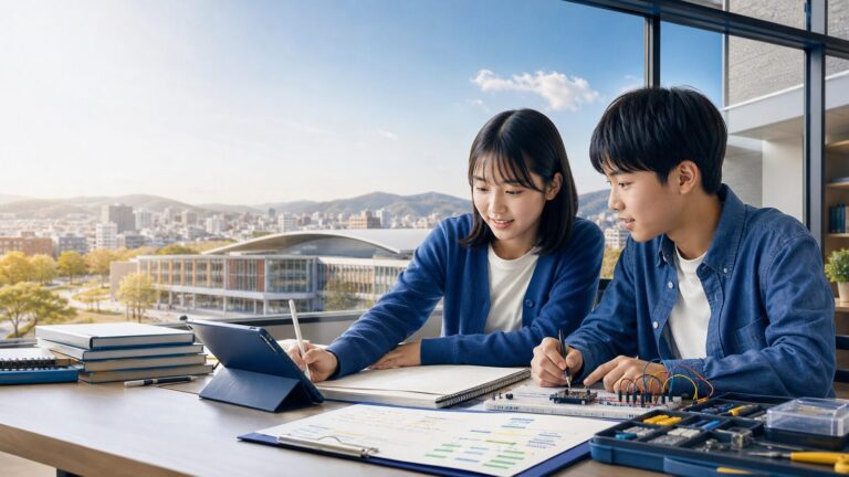 岡山の関西高校を目指す女子生徒と男子生徒が、普通科・ITビジネス科・EIエンジニア科の学びを机上で比較する2027年度入試ガイドのイメージ