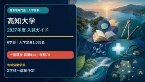 高知大学 2027年度入試ガイド。6学部、入学定員1,065名、一般選抜前期614名・後期70名、地域協働学部2学科へ改組予定