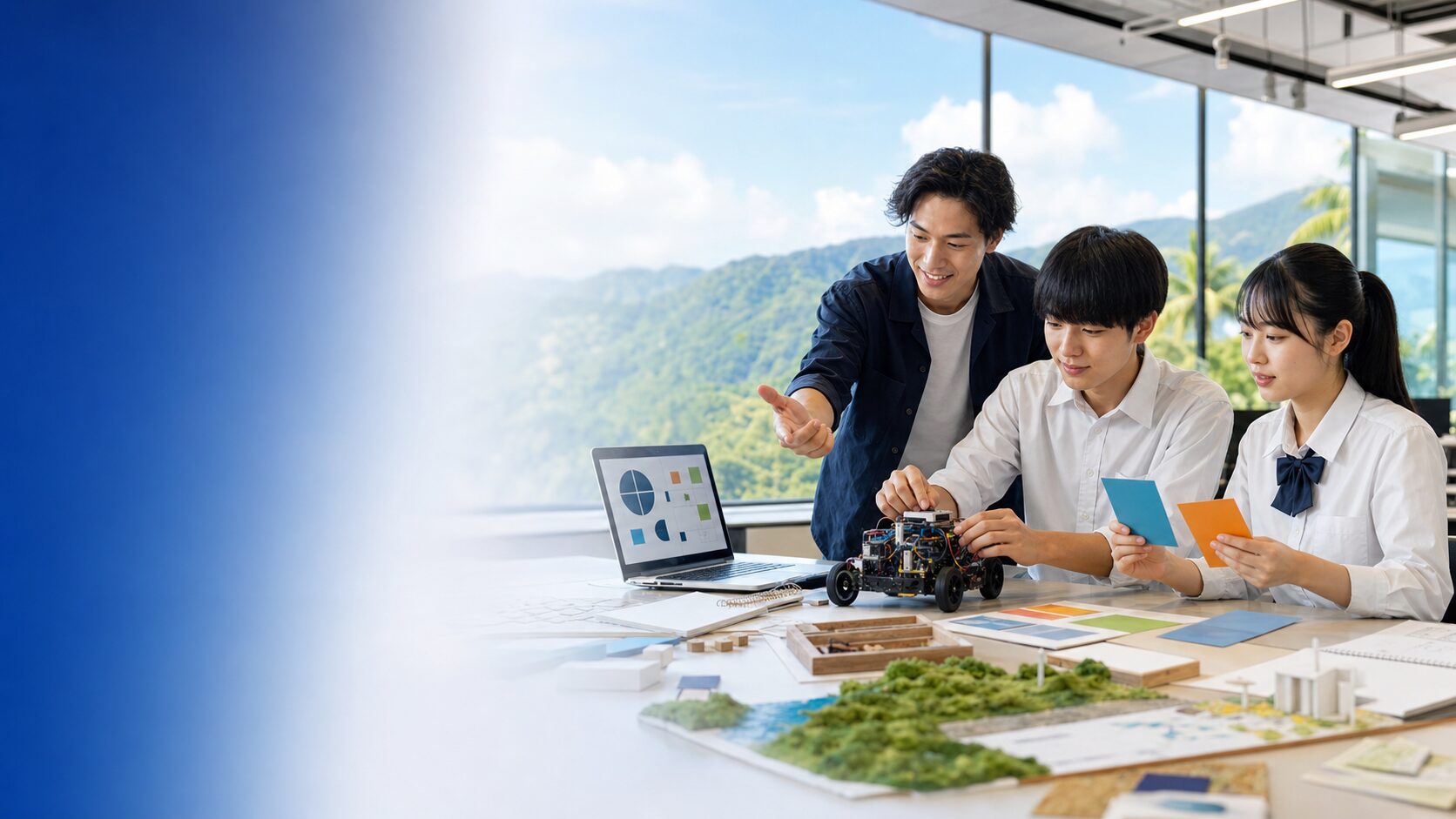 高知工科大学の2027年度入試に向けてロボットとデータを使った学習計画を立てる高校生