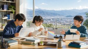 甲府東高校の2027年度入試ガイド。甲府盆地を望む学習室で、三人の受験生が五教科・理数探究・面接の準備をするイメージ