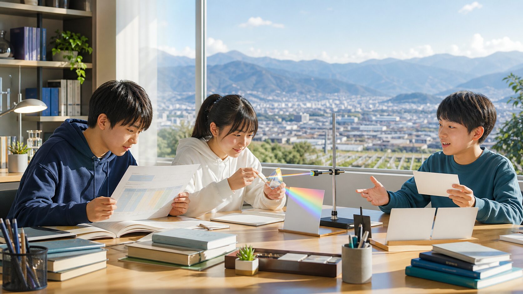 甲府東高校の2027年度入試ガイド。甲府盆地を望む学習室で、三人の受験生が五教科・理数探究・面接の準備をするイメージ