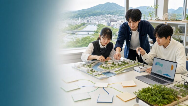 前橋工科大学の2027年度入試に向けて都市模型と環境センサーを使った学習計画を立てる高校生