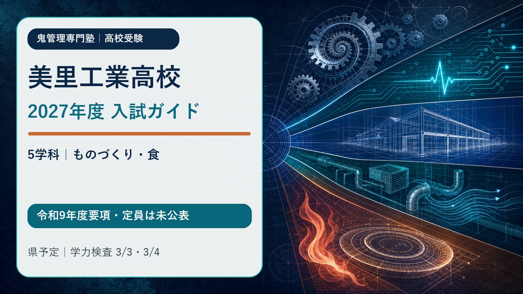美里工業高校 2027年度入試ガイド。機械・電気・建築・設備工業・調理の5学科。令和9年度要項・定員は未公表、県予定の学力検査は3月3日・4日